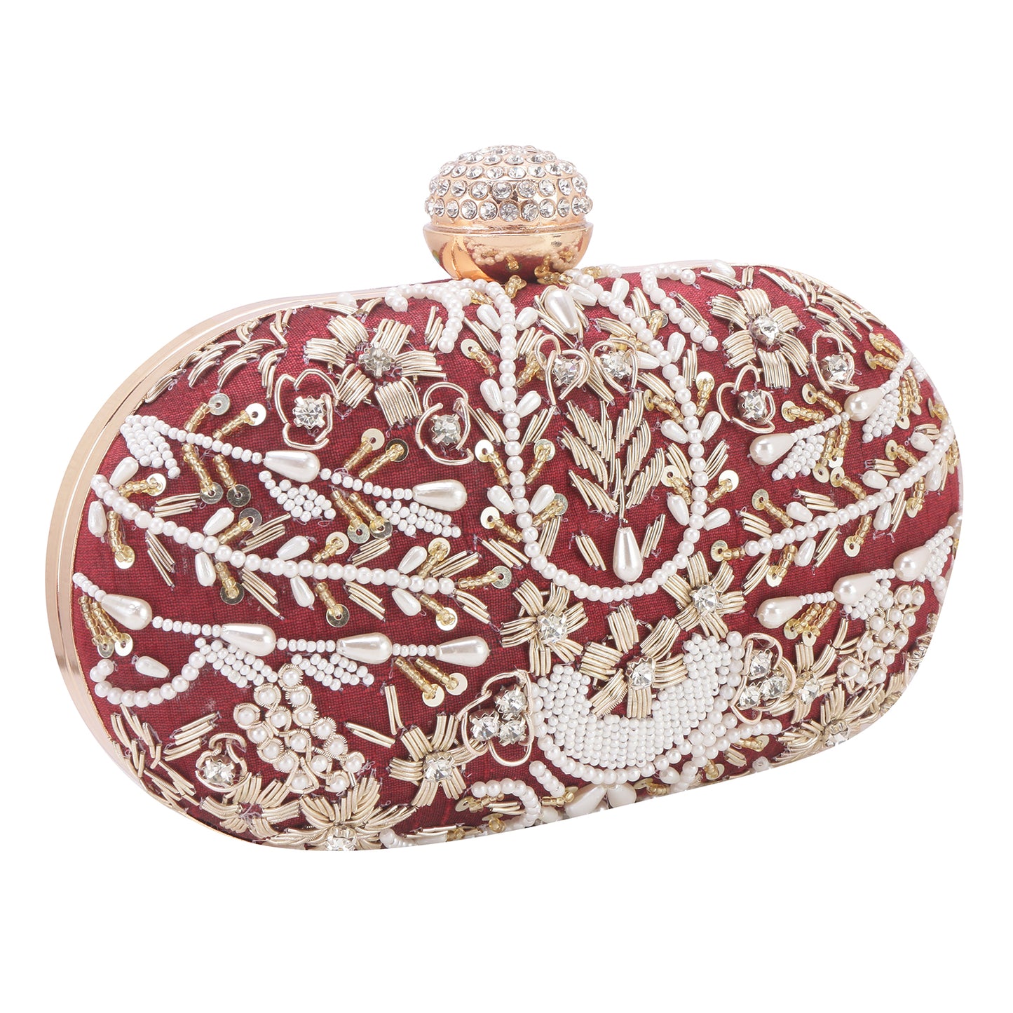 Softy embroidered silk maroon oval clutch