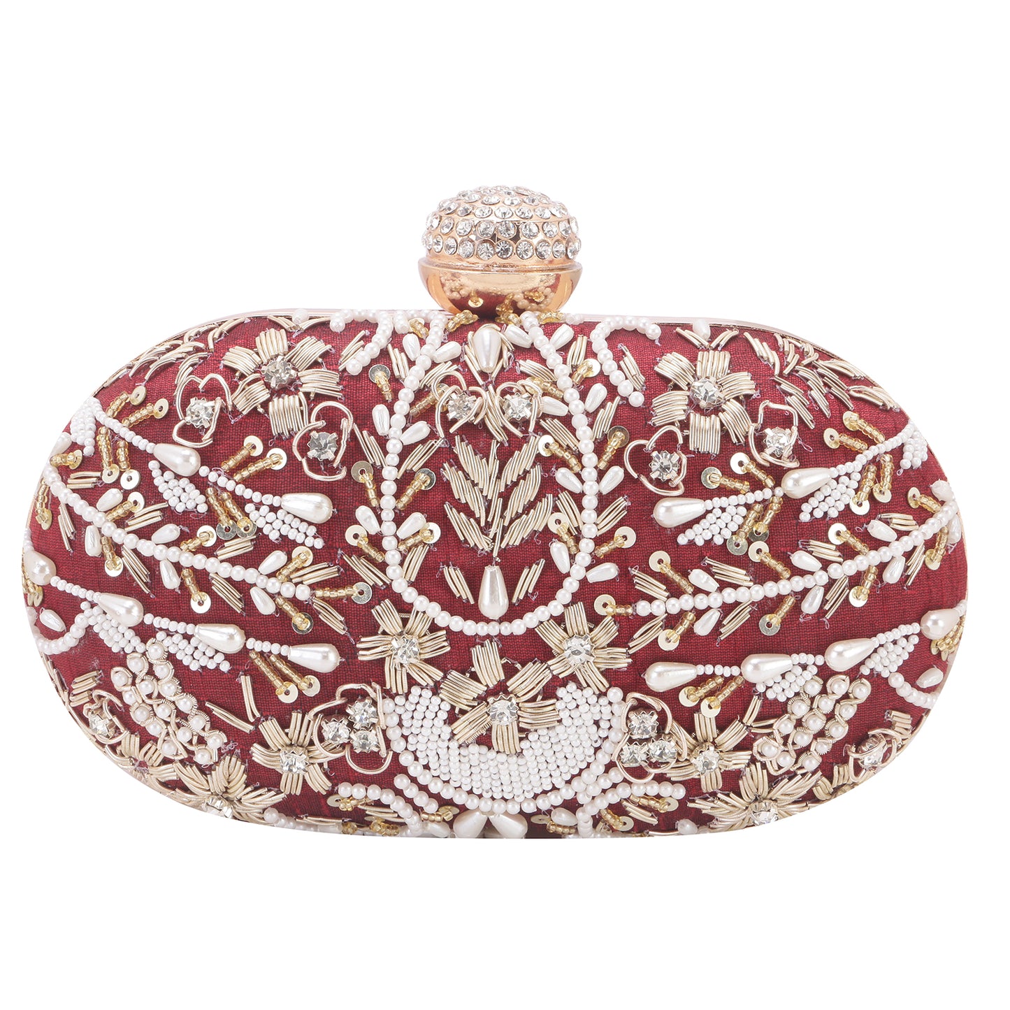 Softy embroidered silk maroon oval clutch