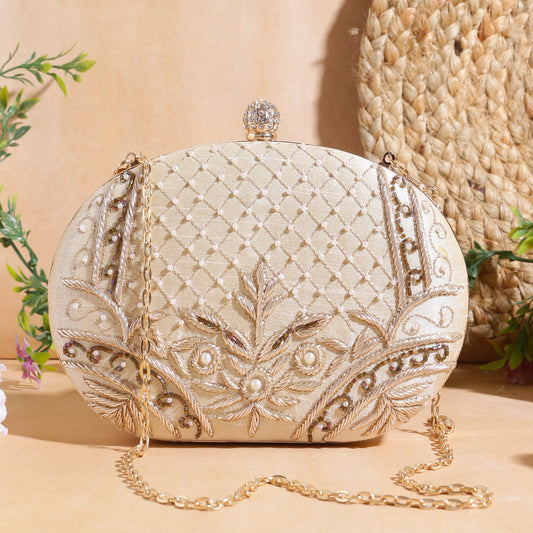 Designer embroidered  beige clutch