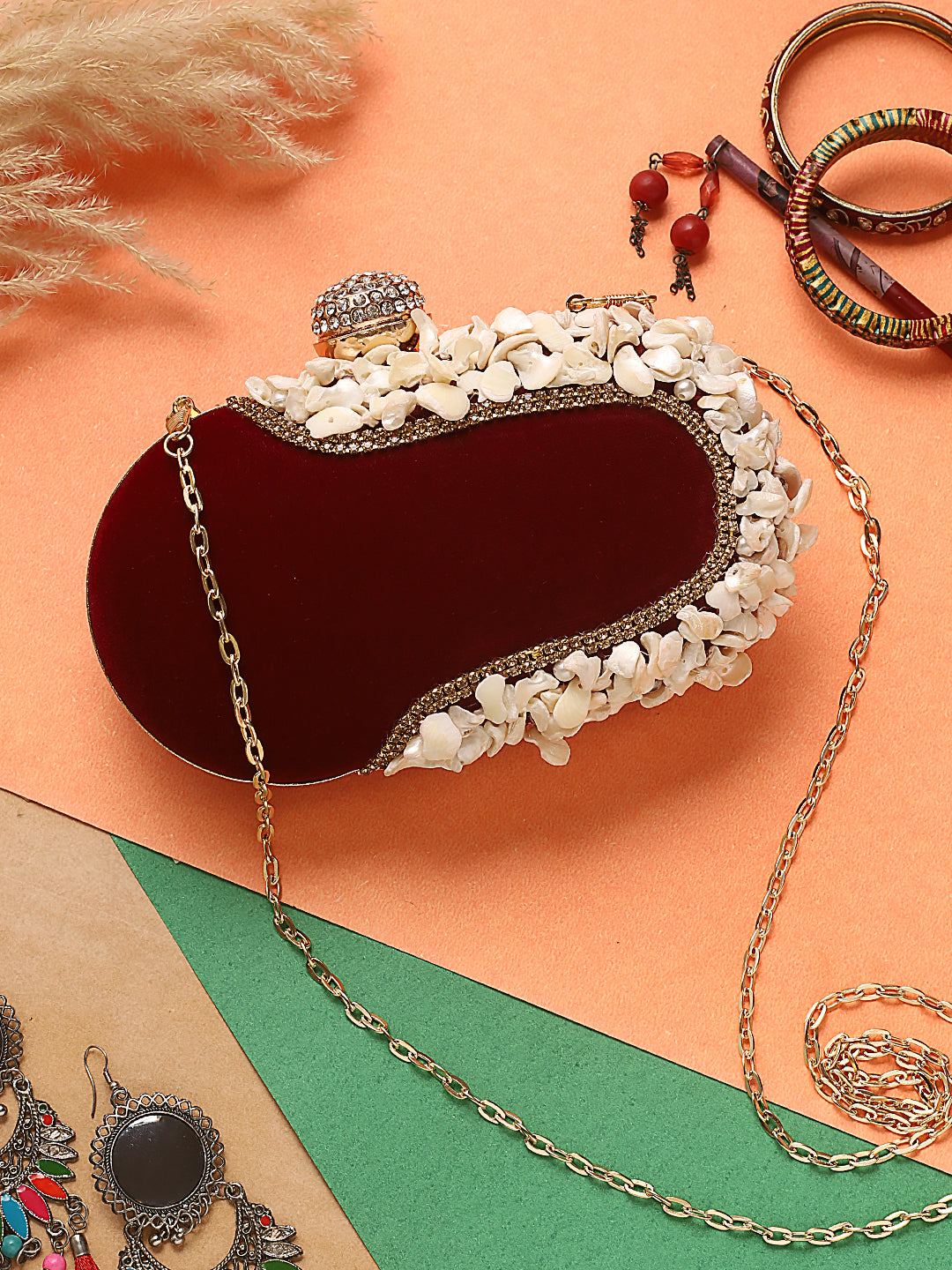 Swisni maroon embroidered clutch bag