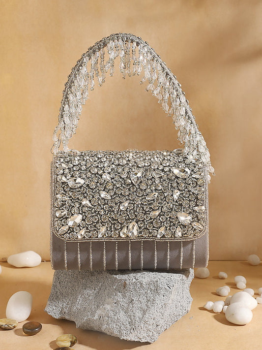 Swisni grey crystal flap clutch bag