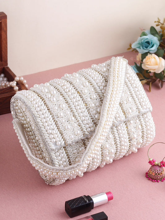 Swisni white pearl flap bag with pearl belt