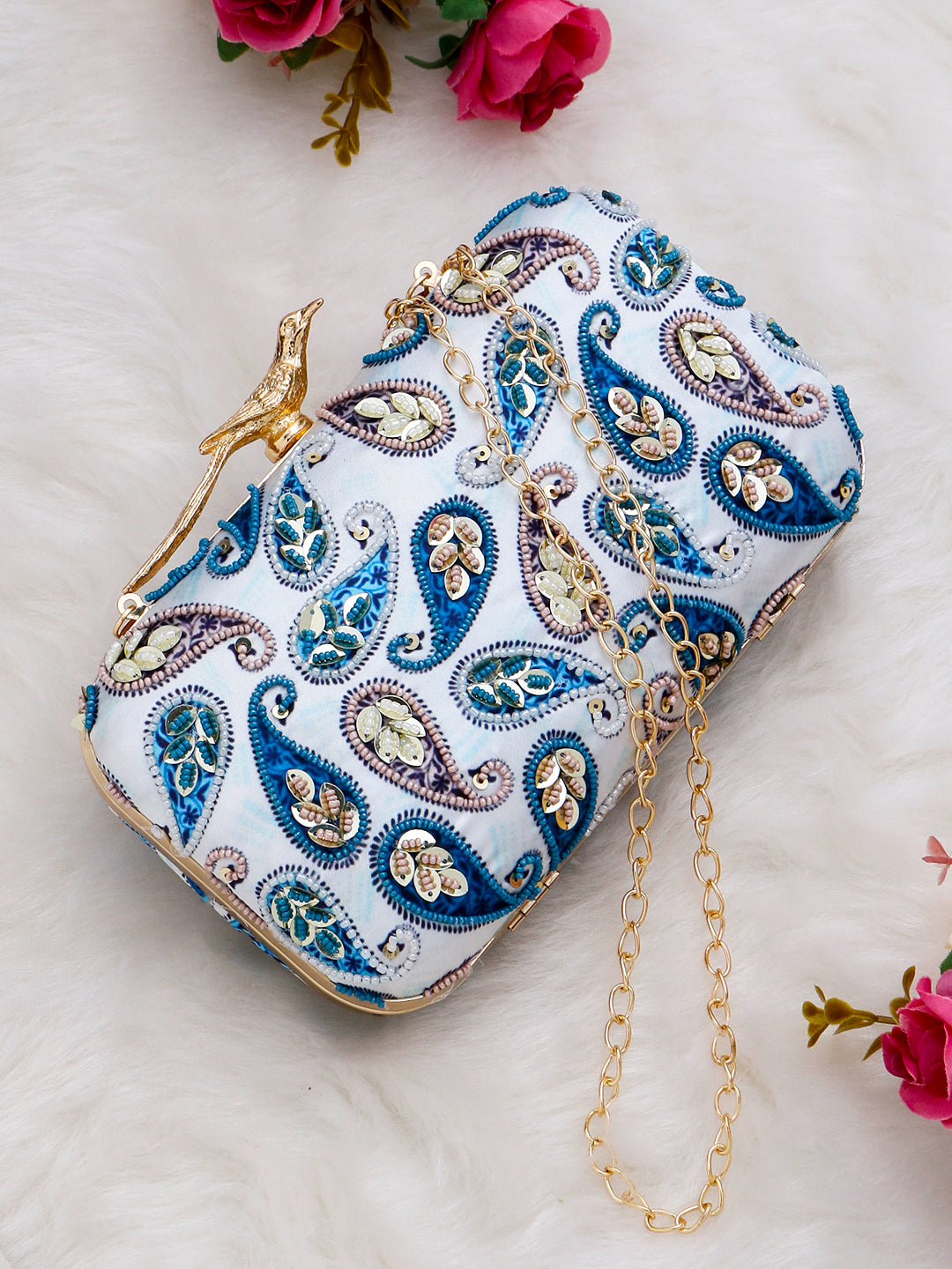 Swisni printed embroidered clutch bag with bird knob