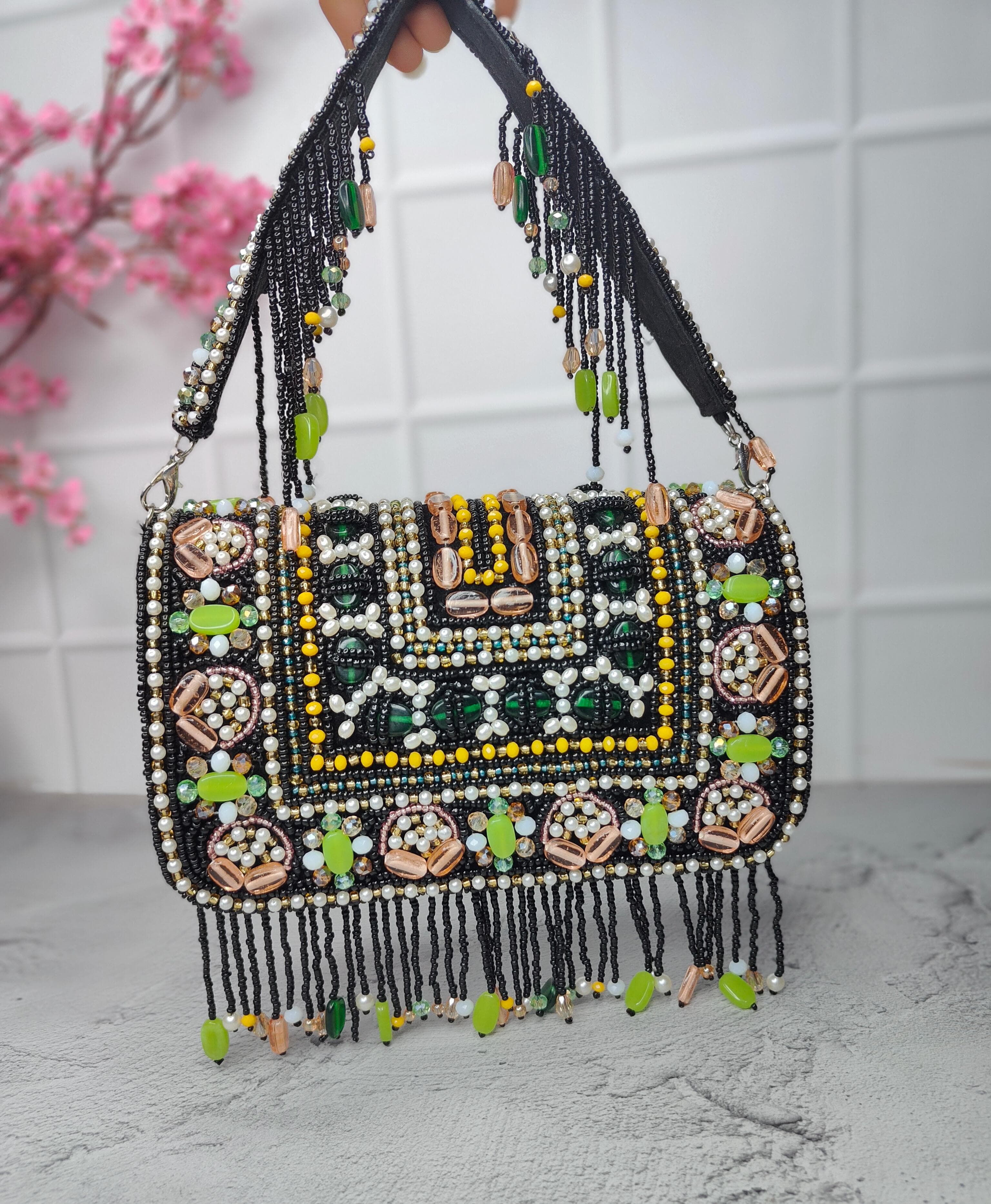 Black beaded flap bags