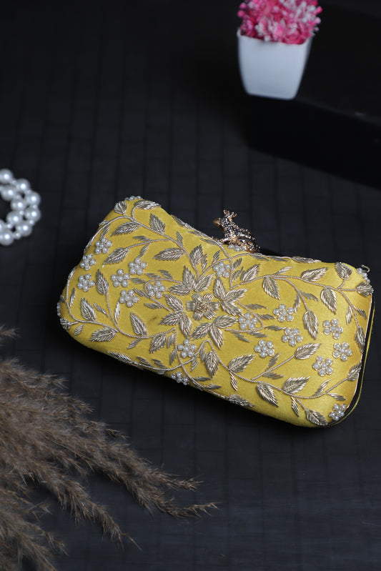 Designer Zardosi Shiny Yellow Clutch  for Women & Girls