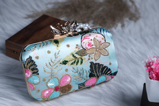 Swan lock printed embrodiered clutch bag