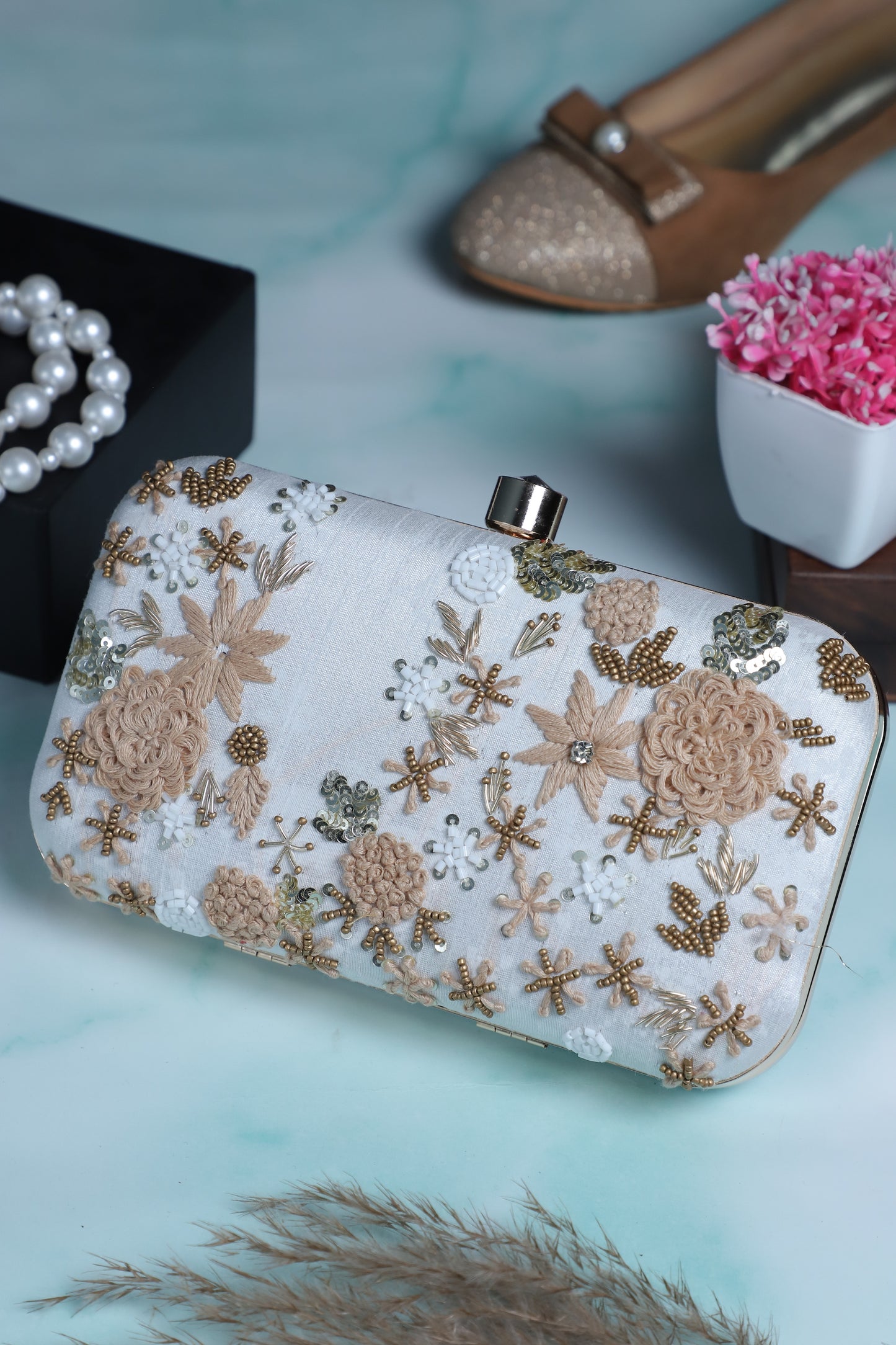 Ivory thread embroidery luxury clutch bag
