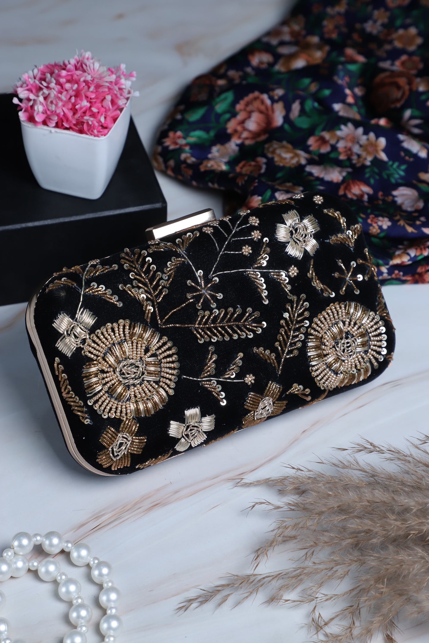 Flower golden zardosi embroidery  black clutch