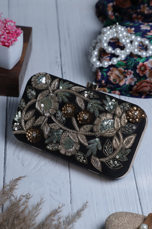 Elegant flower zardosi embroiery black clutch