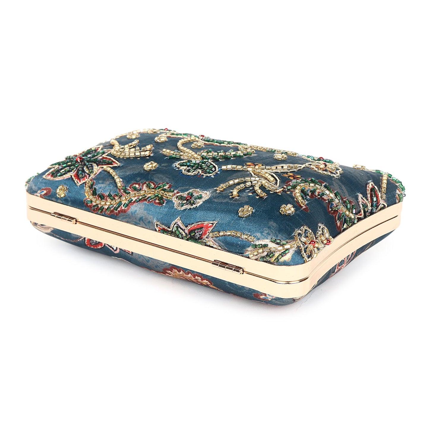 Printed embroidered clutch bag