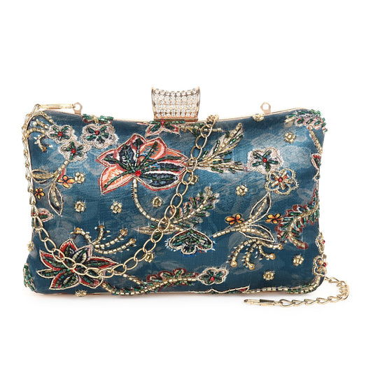 Printed embroidered clutch bag