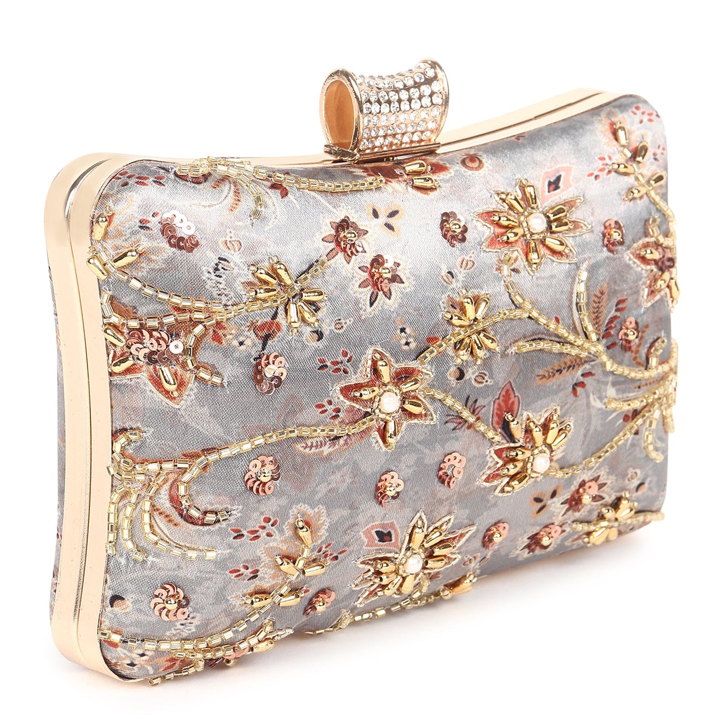 Printed embroidered clutch bag