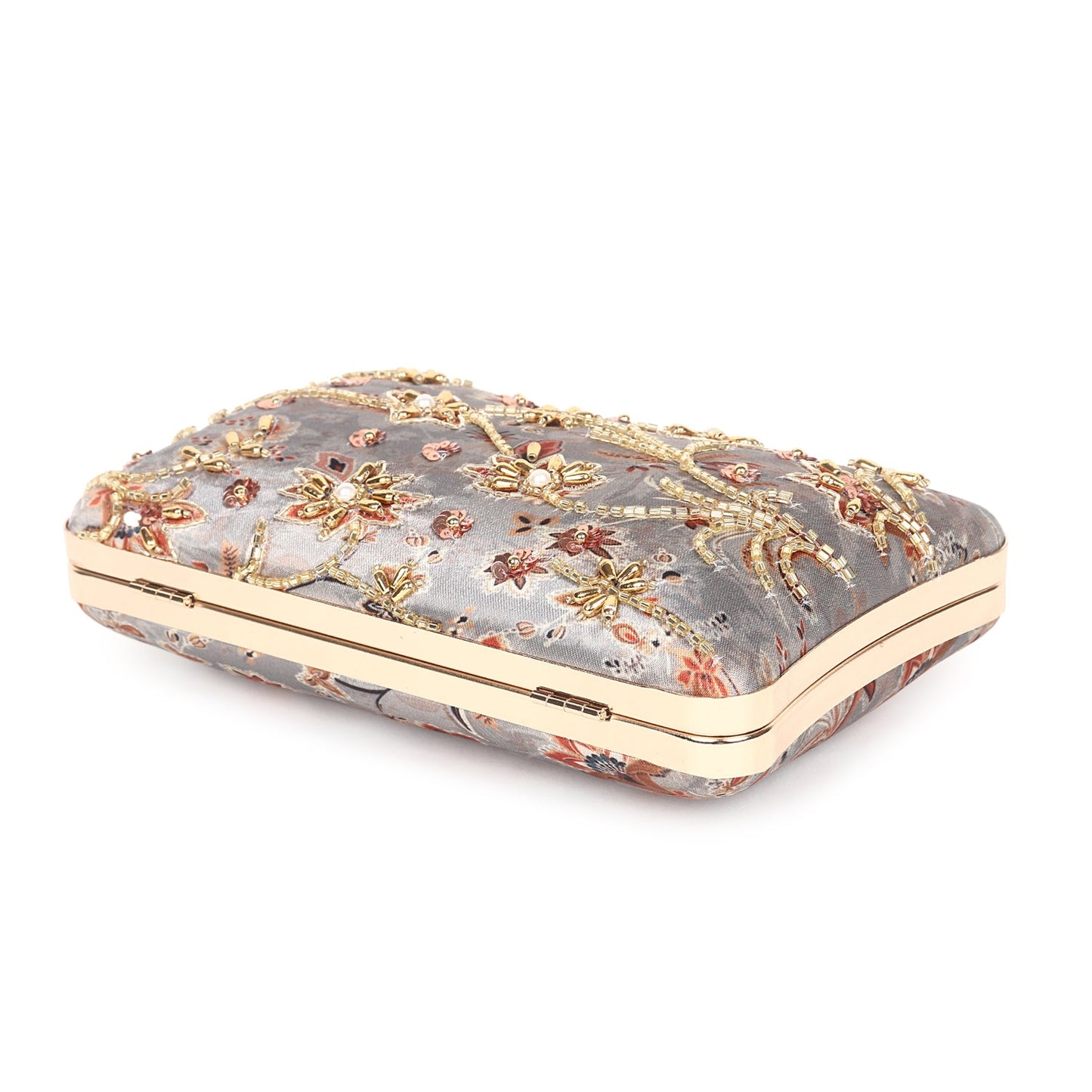 Printed embroidered clutch bag