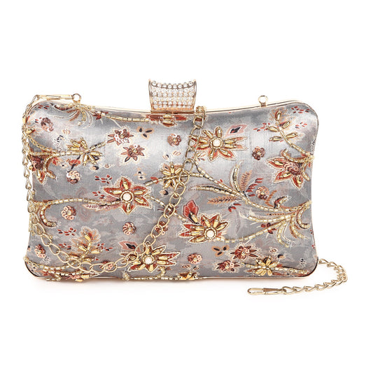 Printed embroidered clutch bag