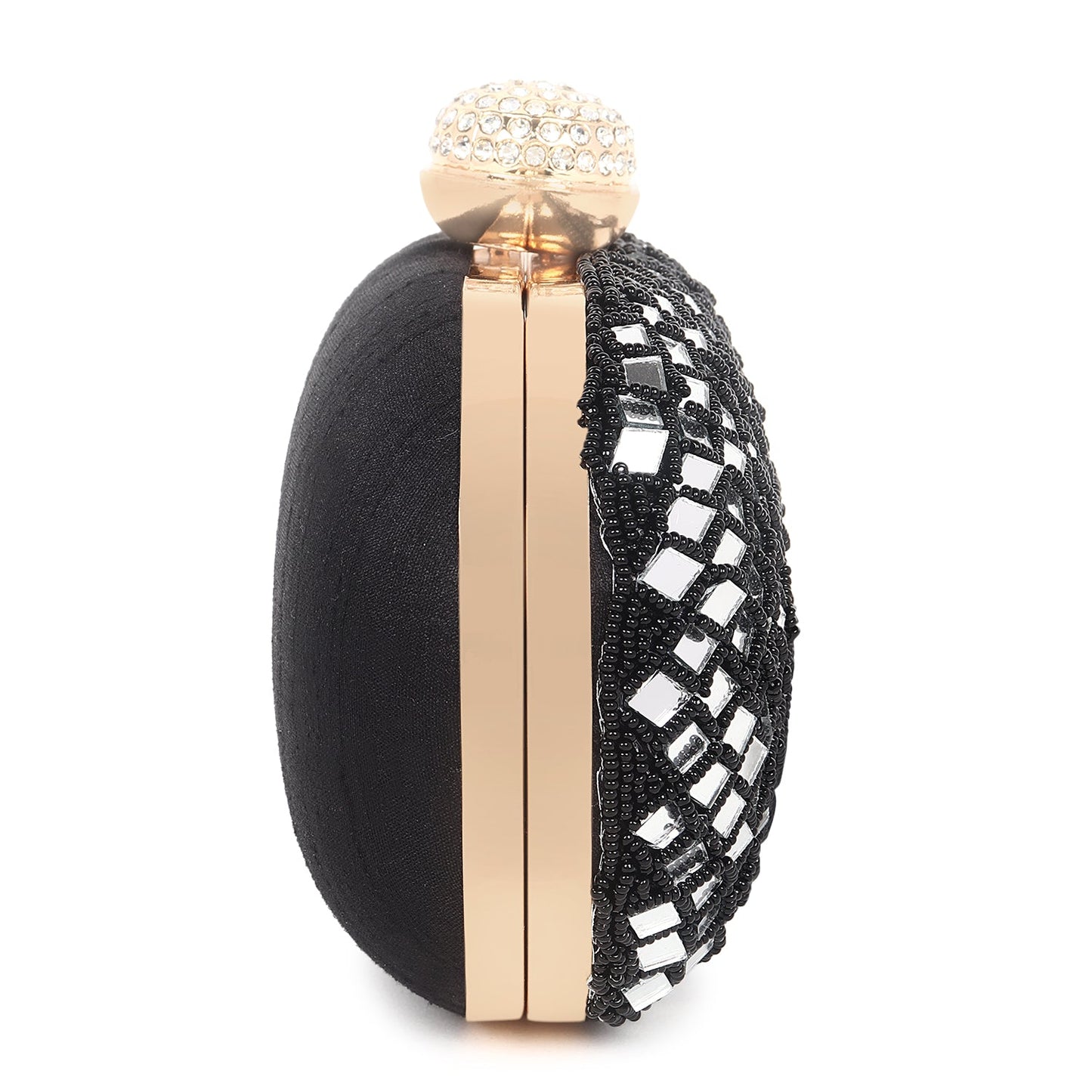 Black oval embroidered clutch bag