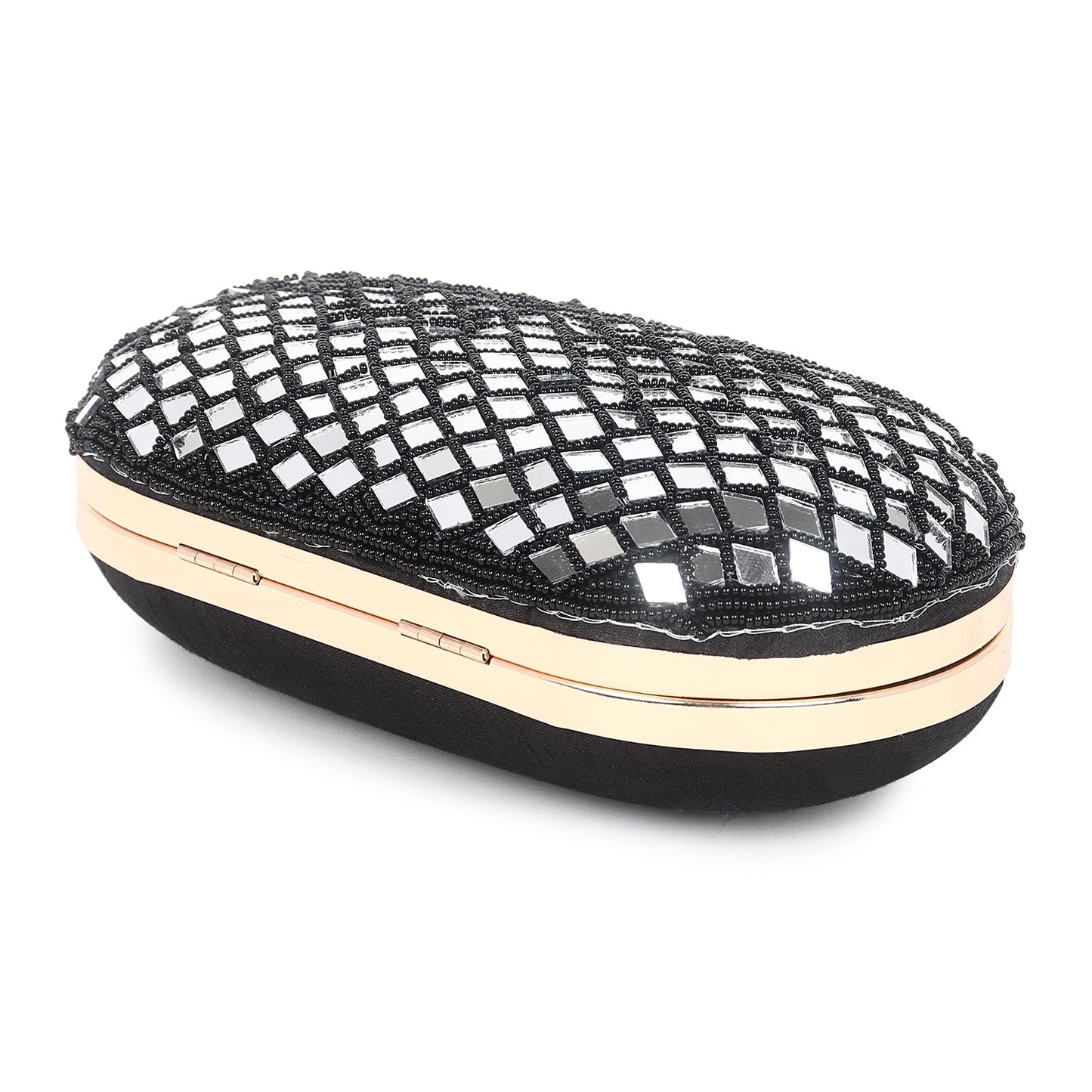 Black oval embroidered clutch bag