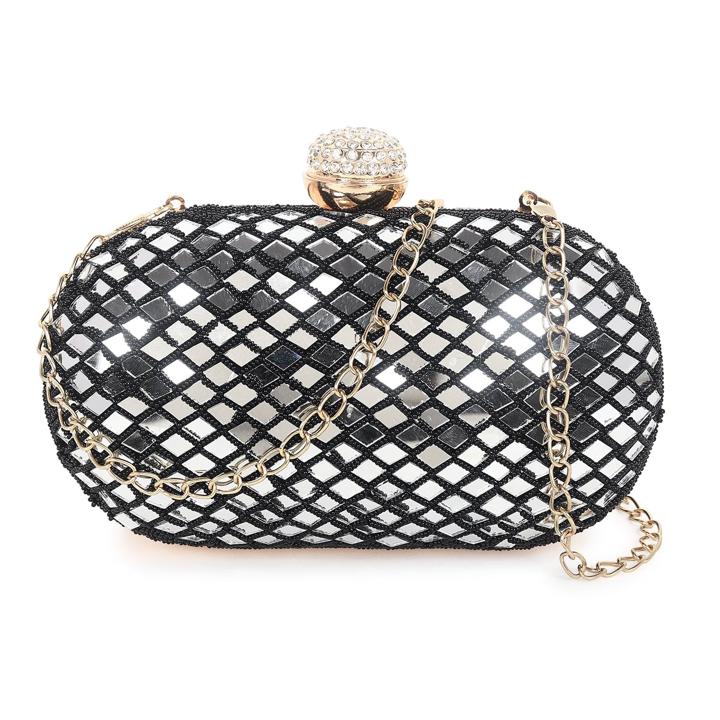 Black oval embroidered clutch bag