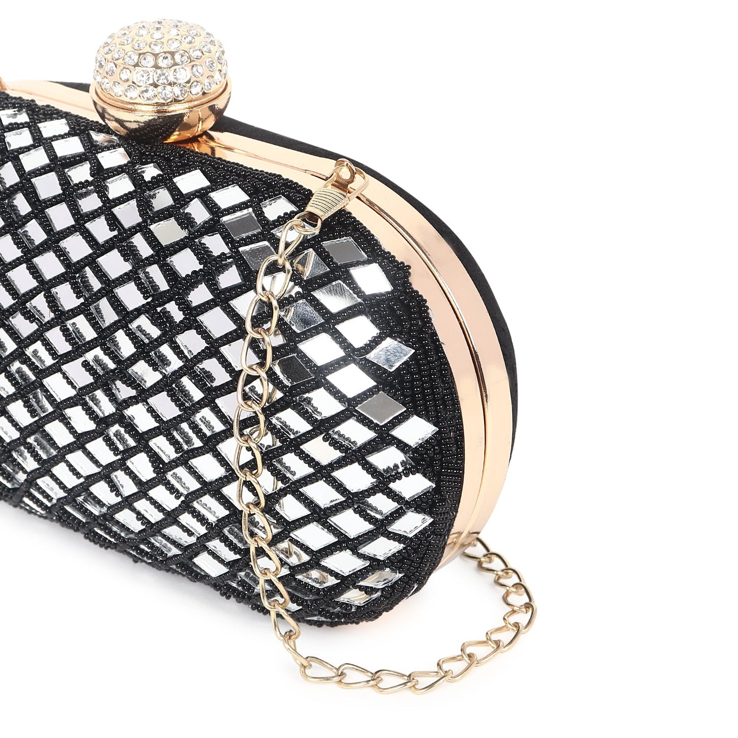 Black oval embroidered clutch bag