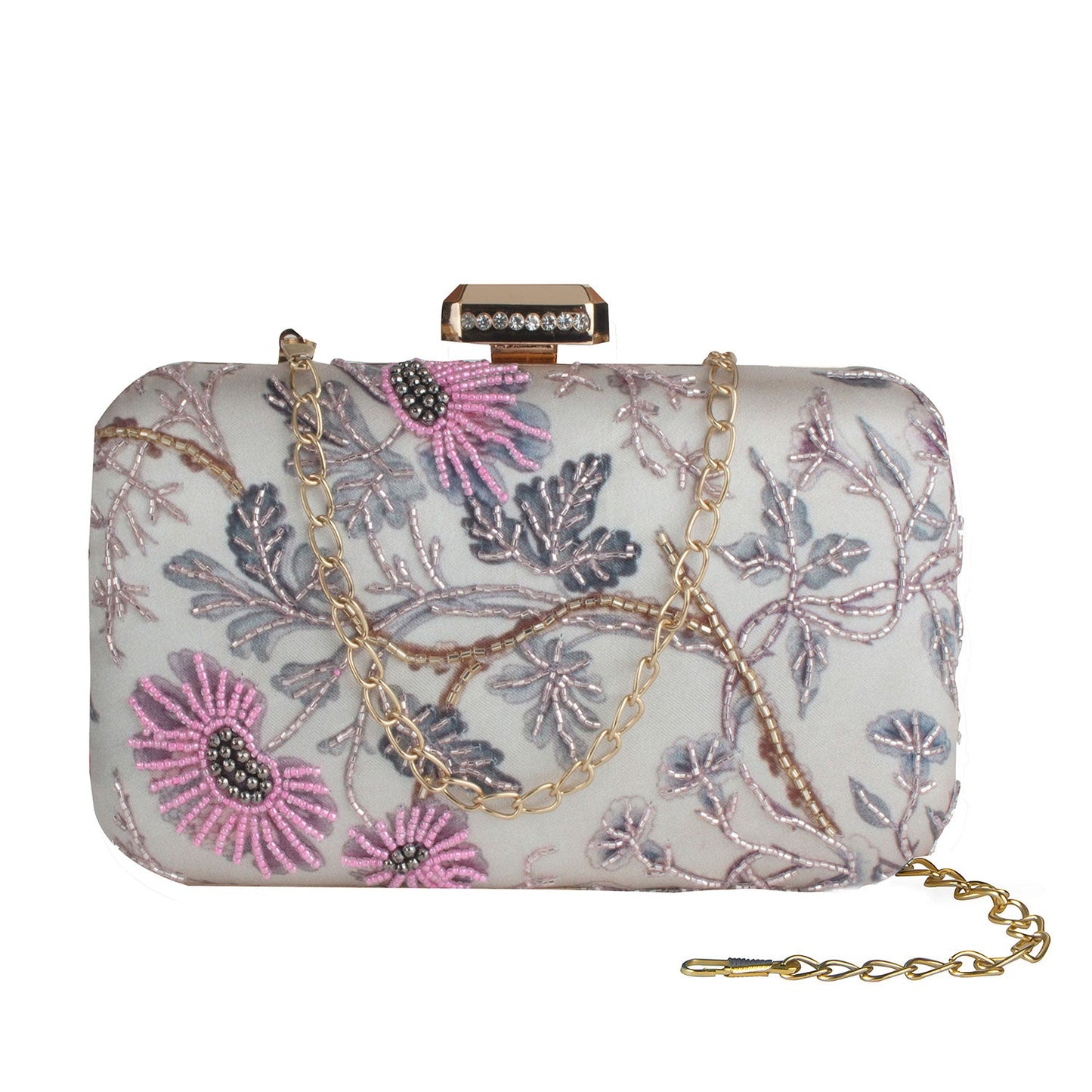 Printed embroidered clutch bag