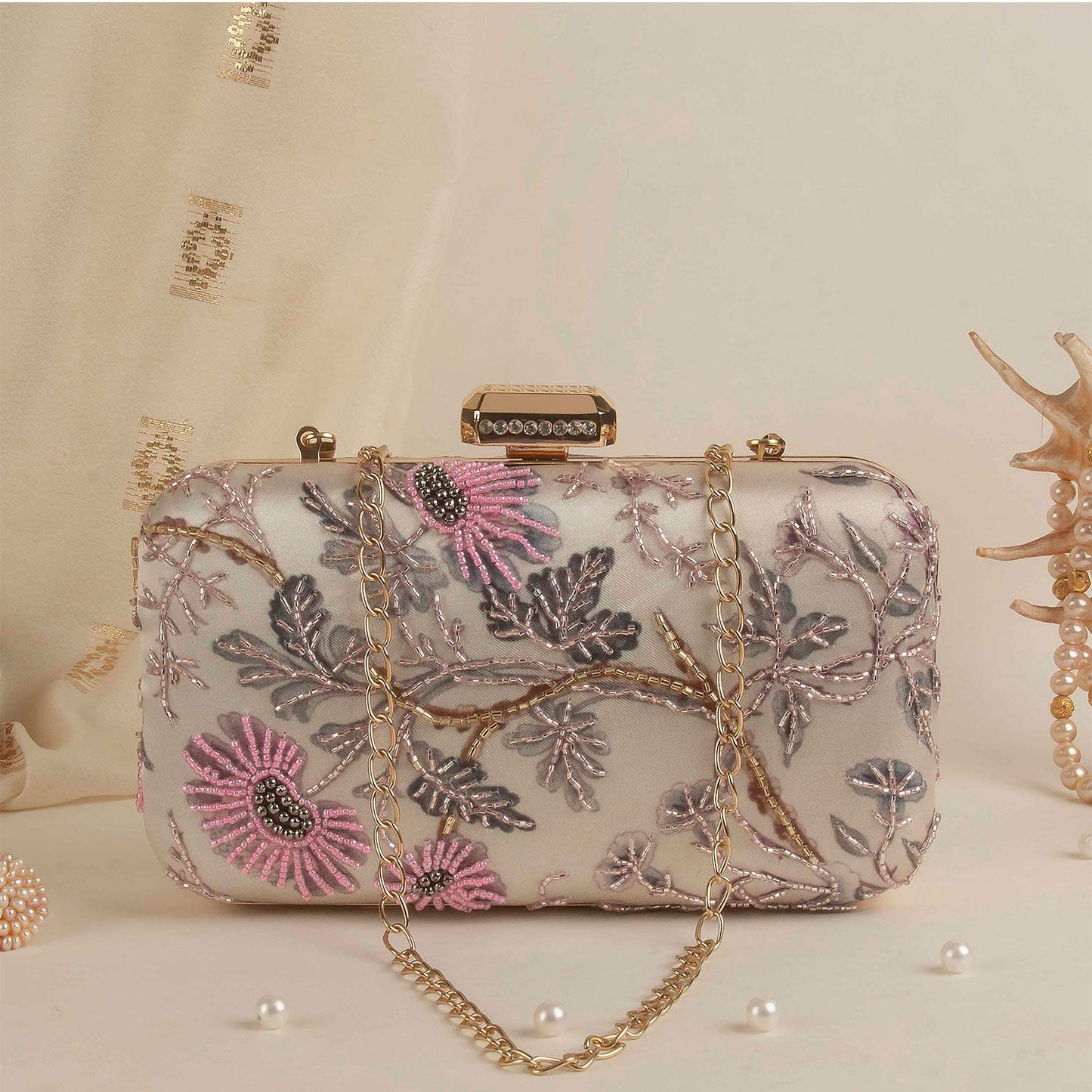 Printed embroidered clutch bag