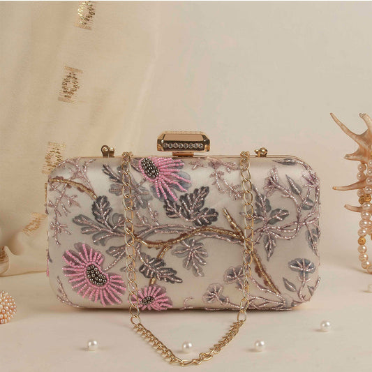 Printed embroidered clutch bag