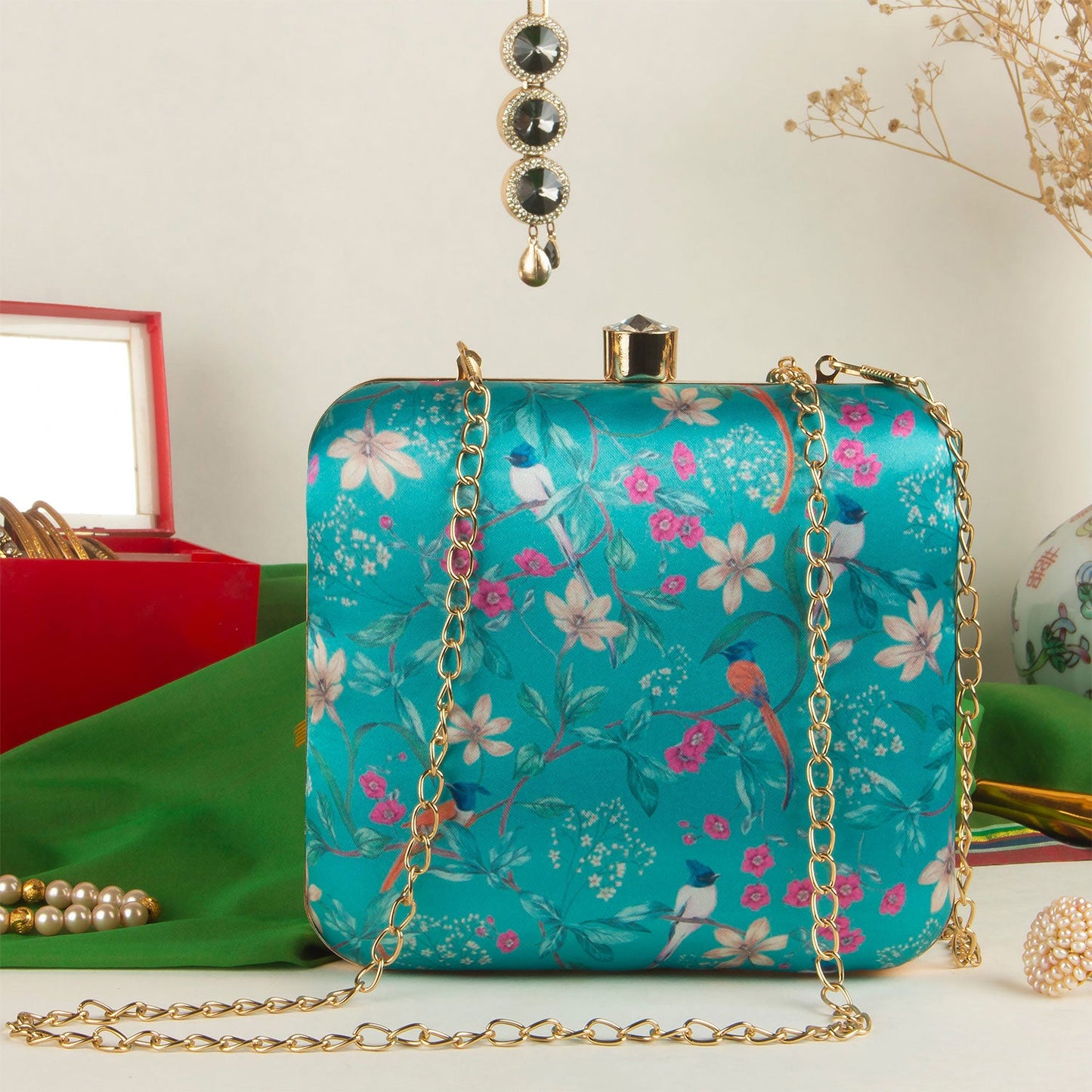 Floral green Print Square Box Clutch for Women & Girls