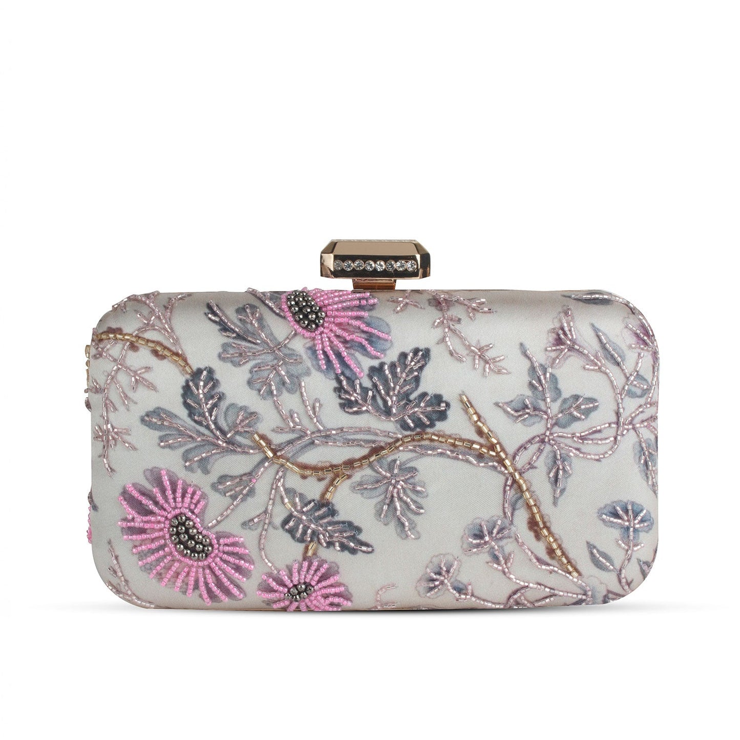 Printed embroidered clutch bag