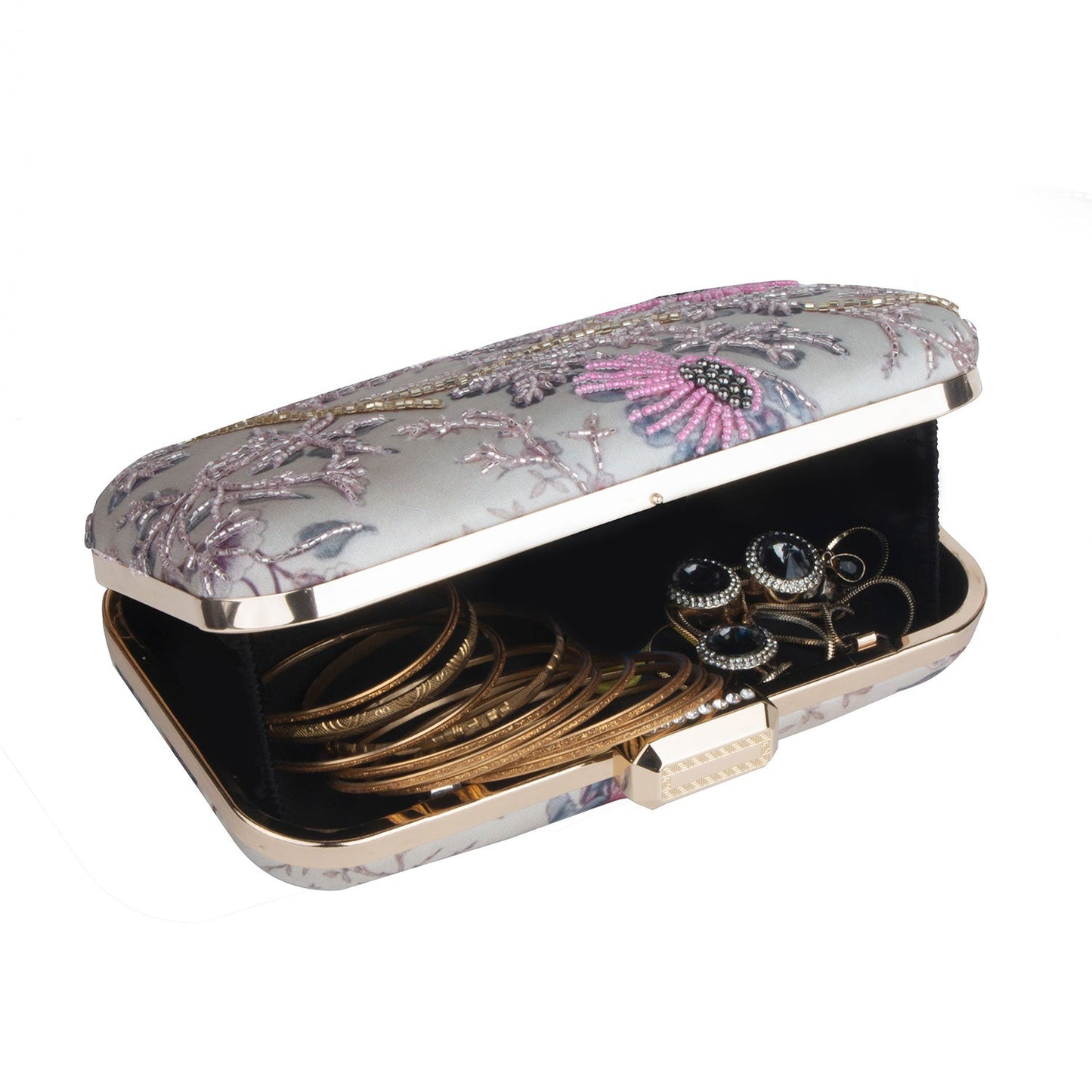 Printed embroidered clutch bag