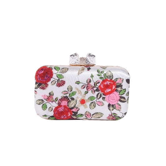 Floral printed embroidered clutch bag