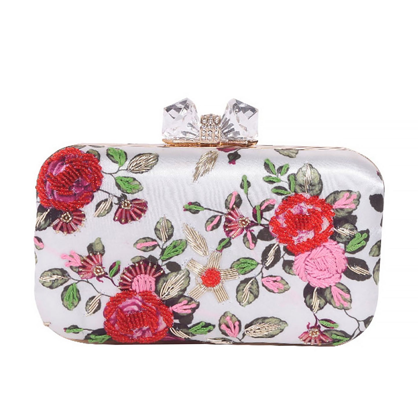 Wonderful red-white floral prints touch with embroidery clutch