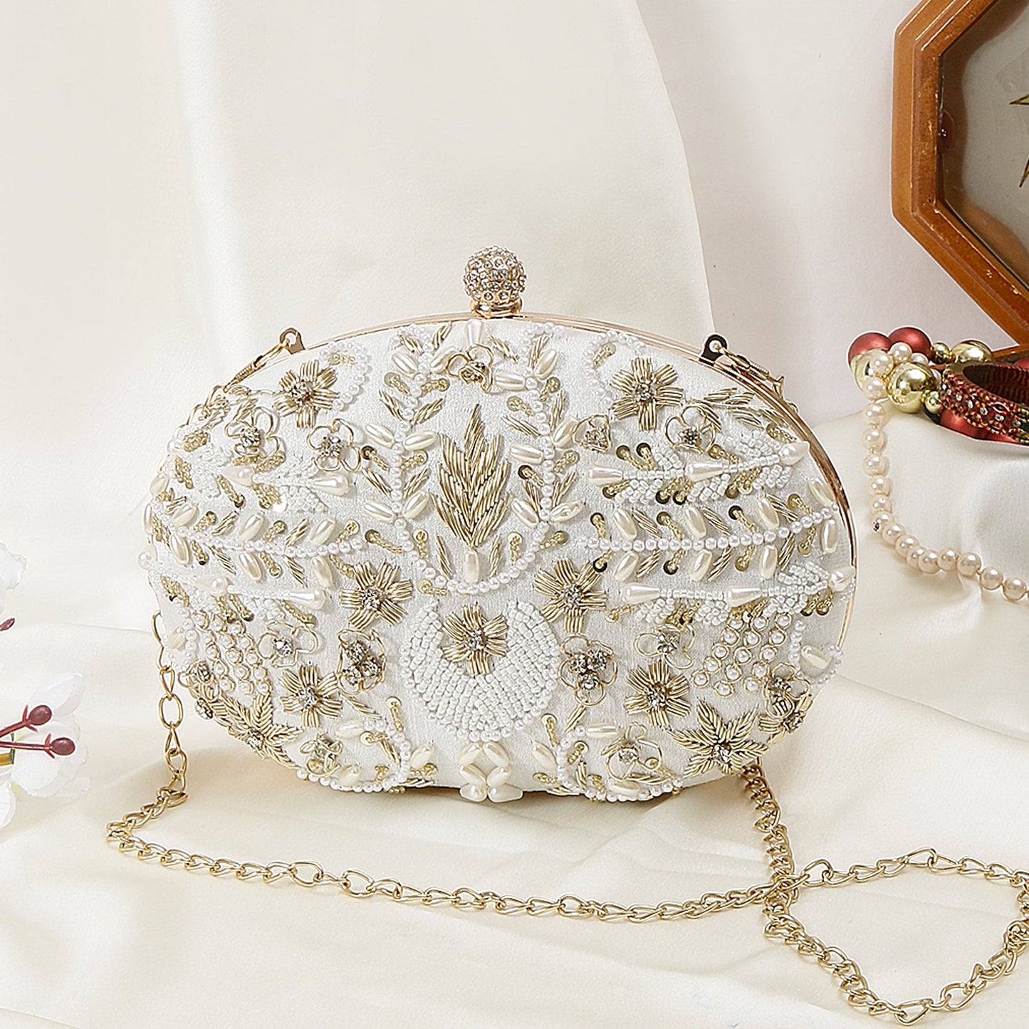 Handcrafted Softy Design White Oval Shape Clutch