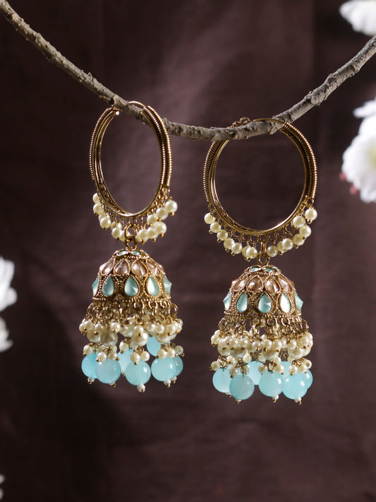 Swisni Alloy Golden Jhumki Earrings with Blue Beads For Women|For Girls|Gifting|Anniversary|Birthday|Girlfriend