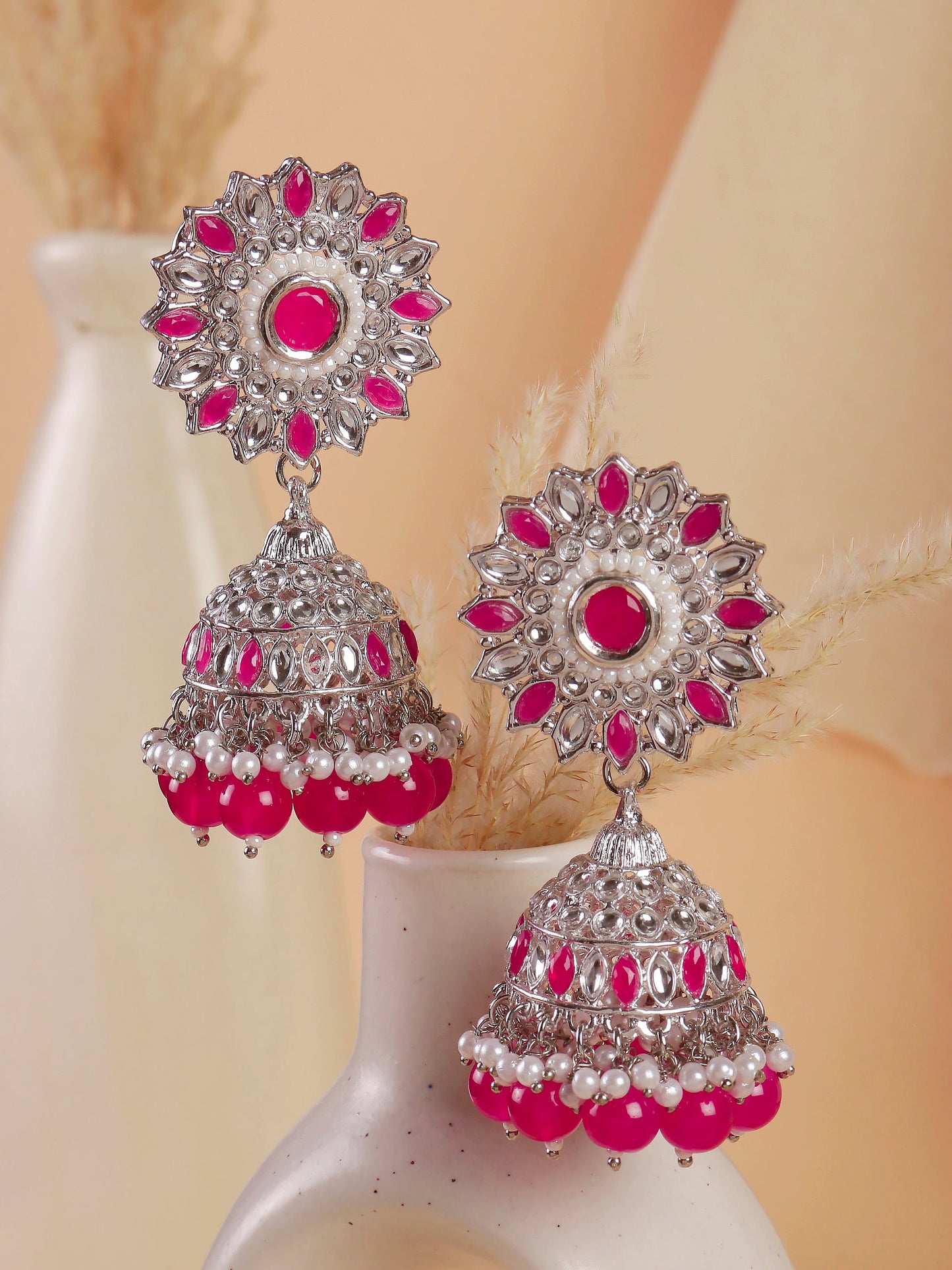 Swisni Alloy Silver Jhumki Earrings with Red Beads For Women|For Girls|Gifting|Anniversary|Birthday|Girlfriend