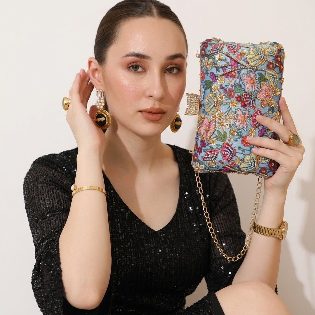 Anjali — Satin Printed Embroidered Clutch