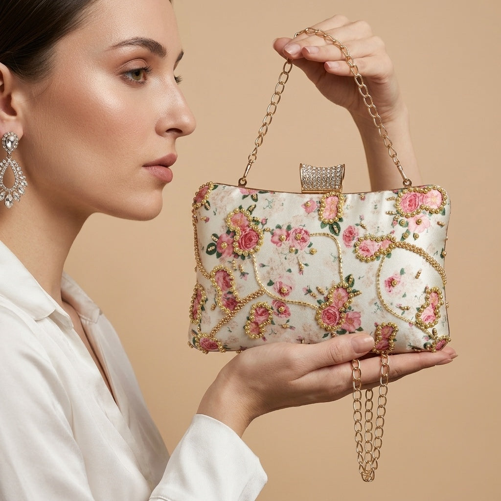 Jyotika White — Satin Printed Embroidered Clutch