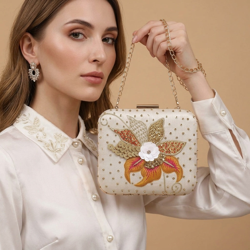 Sumitra White Classic — Raw Silk Embroidered Clutch