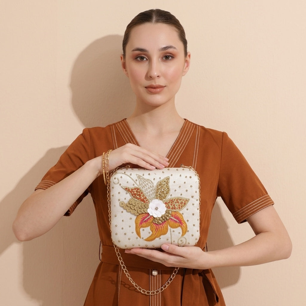 Sumitra White Classic — Raw Silk Embroidered Clutch