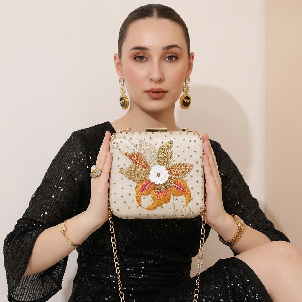 Sumitra White Classic — Raw Silk Embroidered Clutch