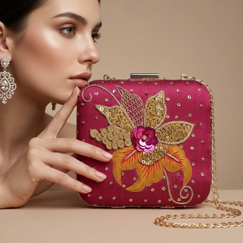 Vasundhara Pink — Raw Silk Embroidered Clutch