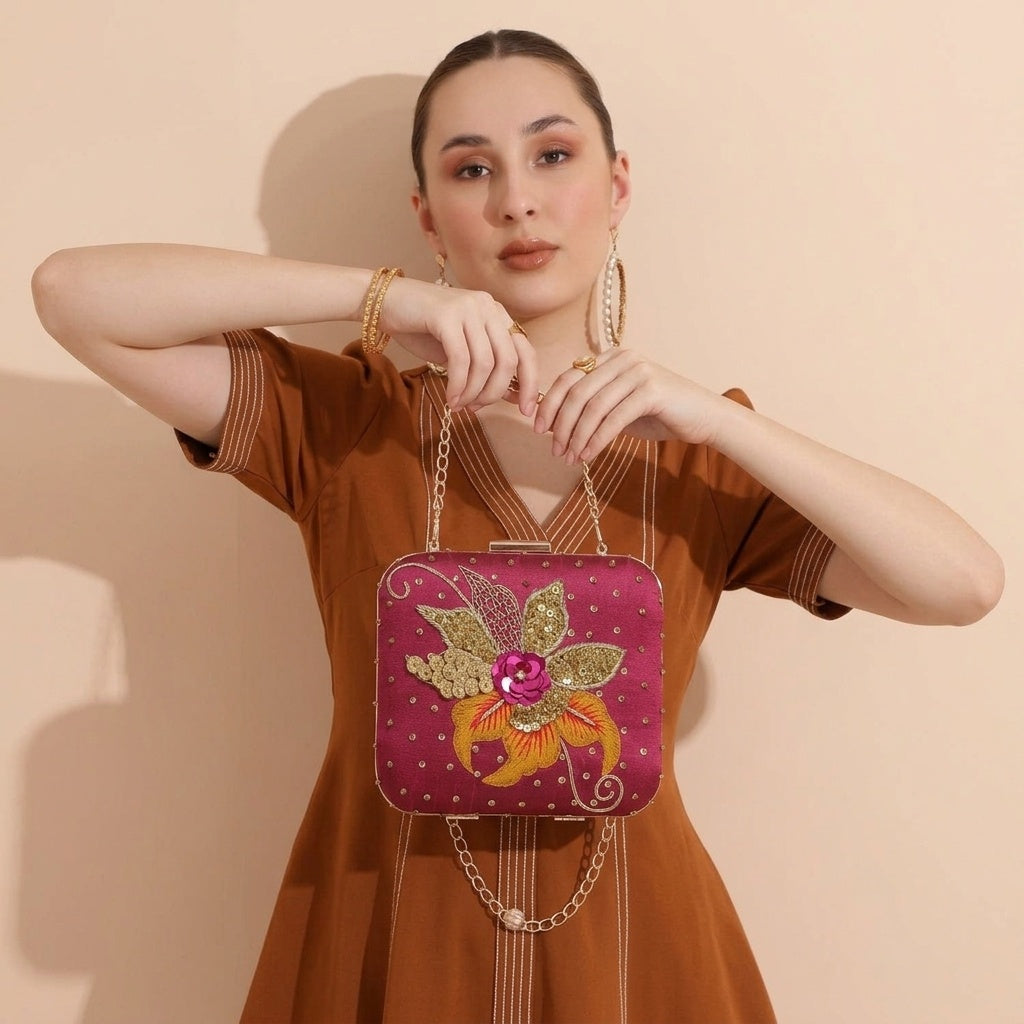 Vasundhara Pink — Raw Silk Embroidered Clutch