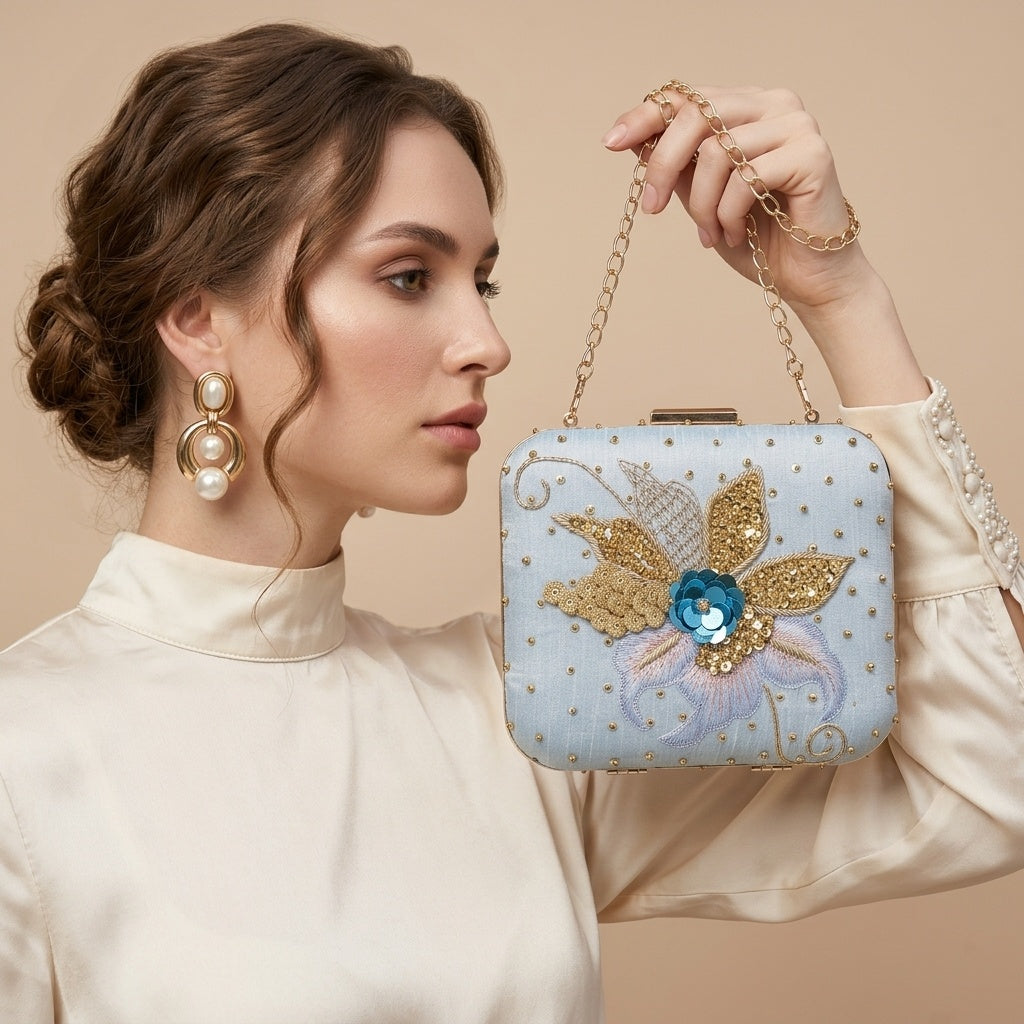 Adeeba Blue — Raw Silk Embroidered Clutch