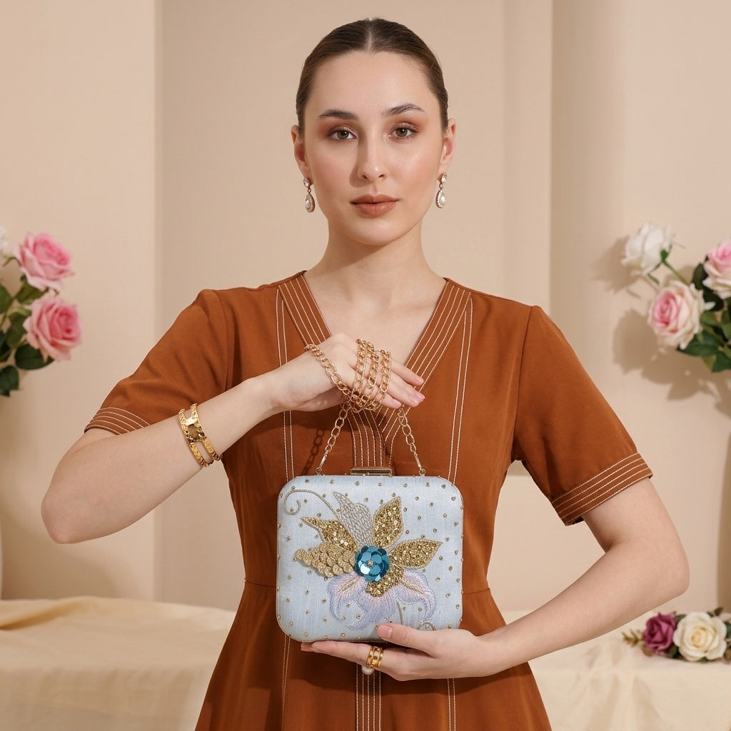 Adeeba Blue — Raw Silk Embroidered Clutch