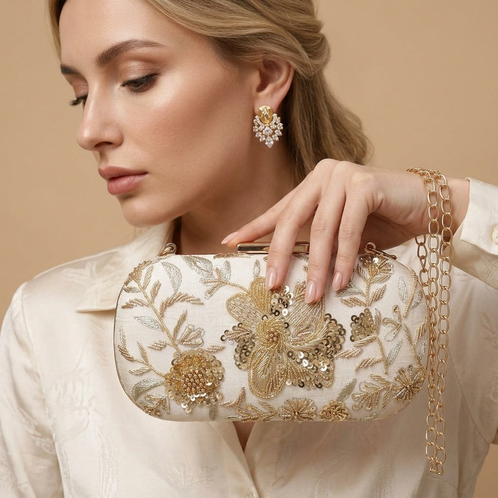 Sitara White — Raw Silk Embroidered Clutch