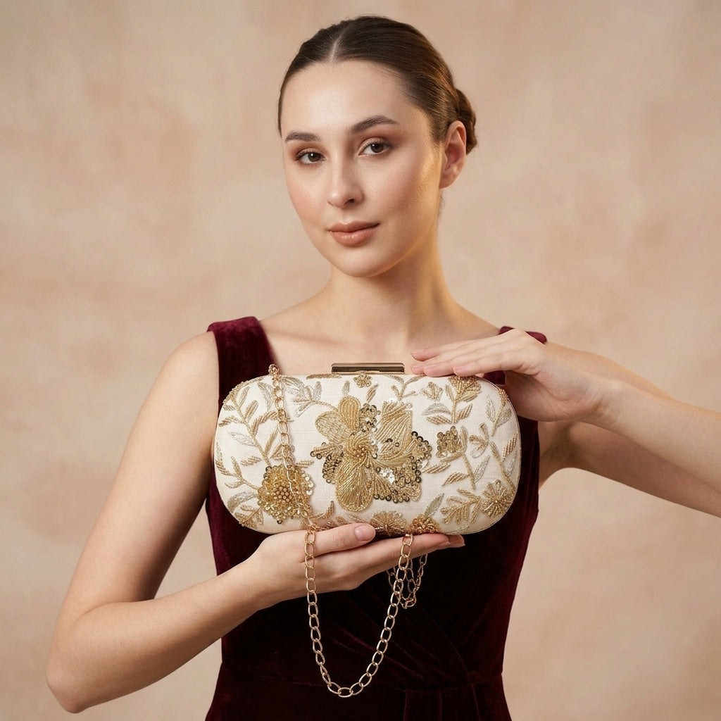 Sitara White — Raw Silk Embroidered Clutch