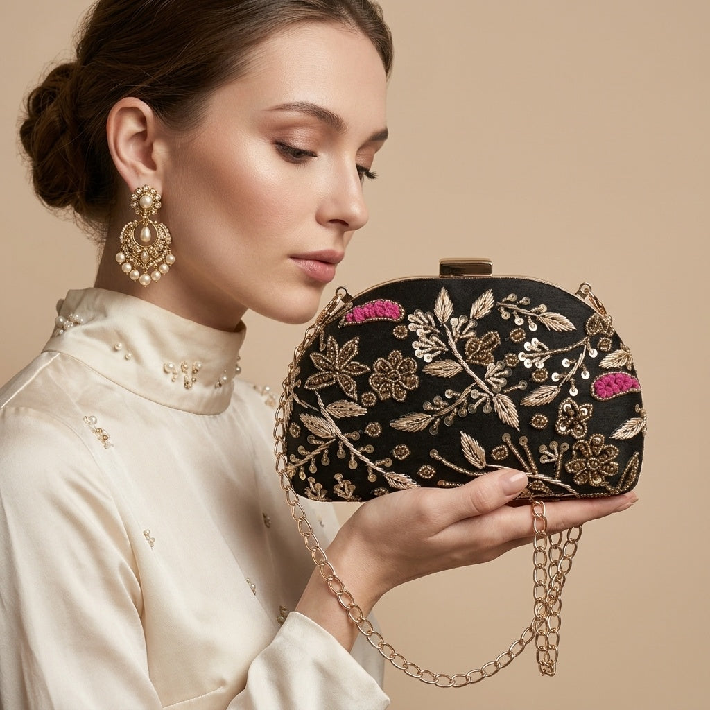 Arzoo Black — Raw Silk Embroidered Clutch