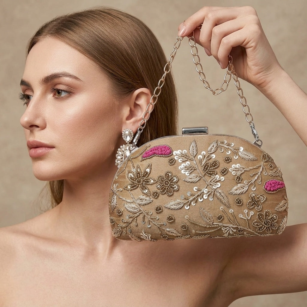 Qudsia Golden — Raw Silk Embroidered Clutch