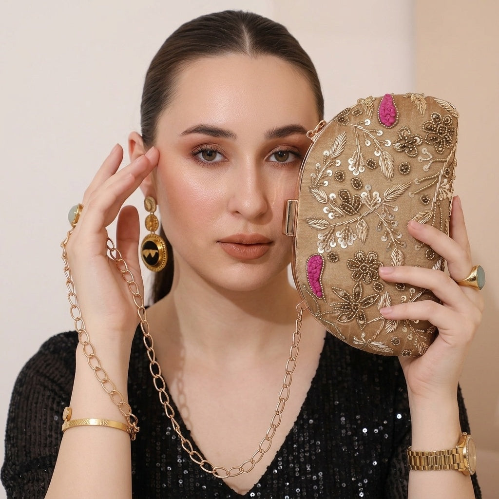 Qudsia Golden — Raw Silk Embroidered Clutch