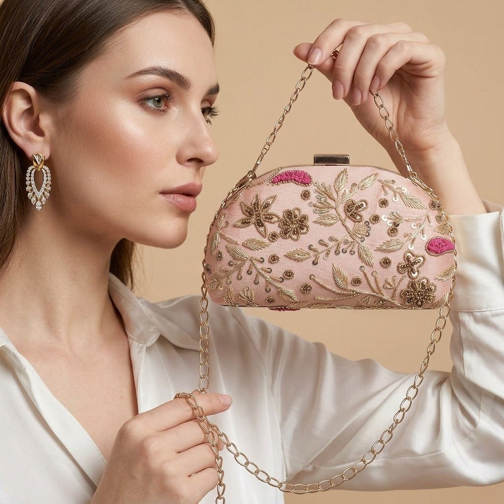Gulrukh Baby Pink — Raw Silk Embroidered Clutch