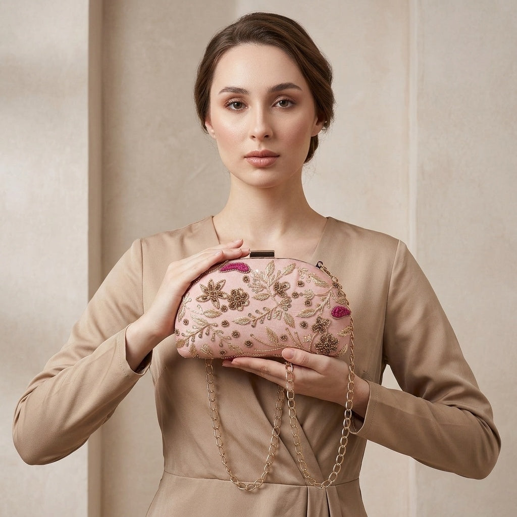 Gulrukh Baby Pink — Raw Silk Embroidered Clutch