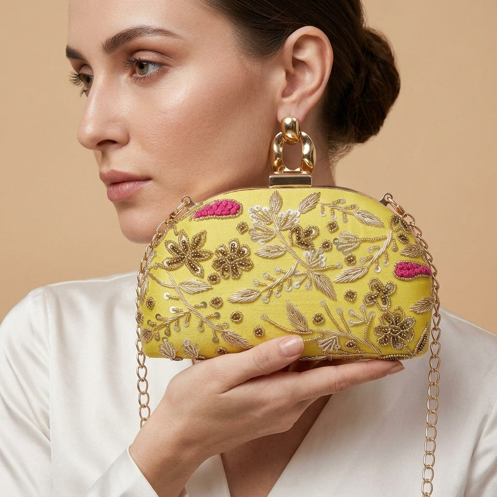 Aitana Yellow — Raw Silk Embroidered Clutch